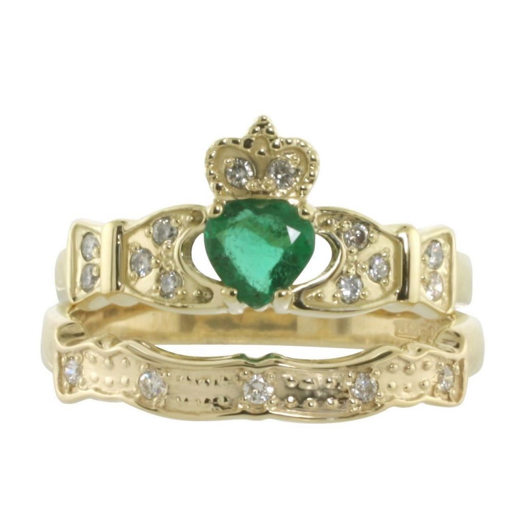 14K Emerald & Diamond Claddagh Engagement & Wedding Ring