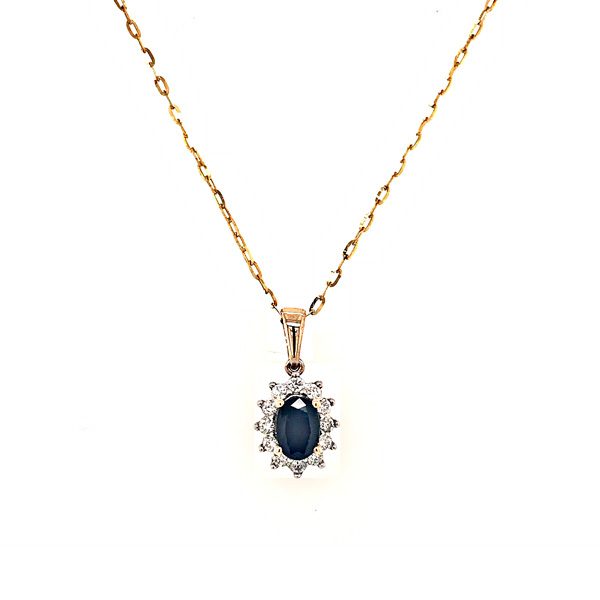 sapphire and diamond cluster pendant in 9k gold