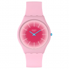 This ultra-slim watch radiates pink from its gradient print dial with white indexes in a bisourced case and glass to its strap with matching loop and buckle. Turquoise hands and crown add a fun contrast to this pink watch.