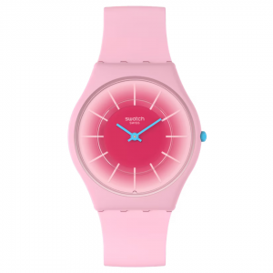 This ultra-slim watch radiates pink from its gradient print dial with white indexes in a bisourced case and glass to its strap with matching loop and buckle. Turquoise hands and crown add a fun contrast to this pink watch.