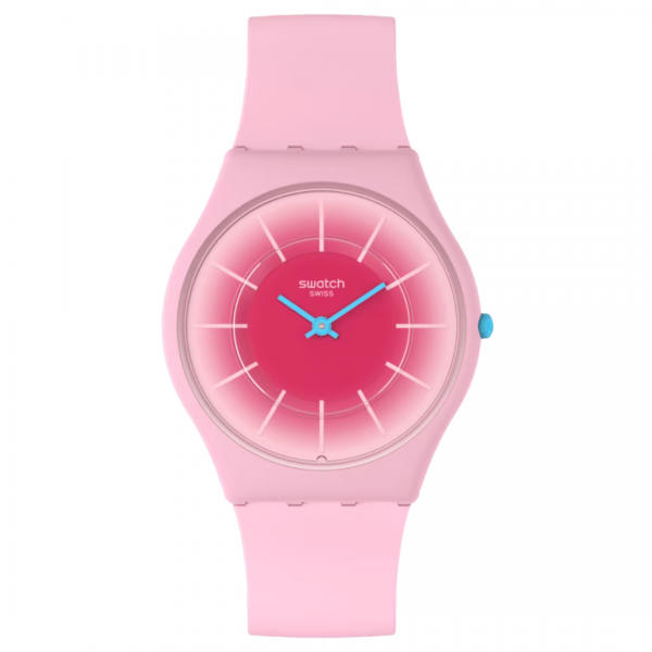 This ultra-slim watch radiates pink from its gradient print dial with white indexes in a bisourced case and glass to its strap with matching loop and buckle. Turquoise hands and crown add a fun contrast to this pink watch.